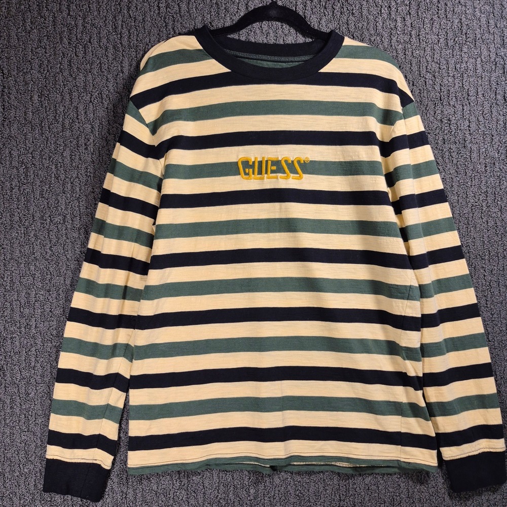 Guess Originals T-Shirt Mens M Green Navy Cream Striped Long Sleeve M9YP18R6CY6